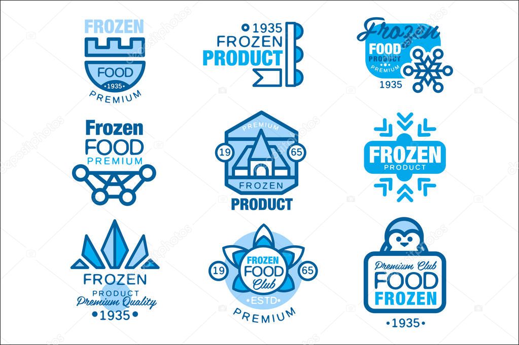 Frozen food product set of logo templates hand drawn vector Illustrations in blue colors isolated on a white background