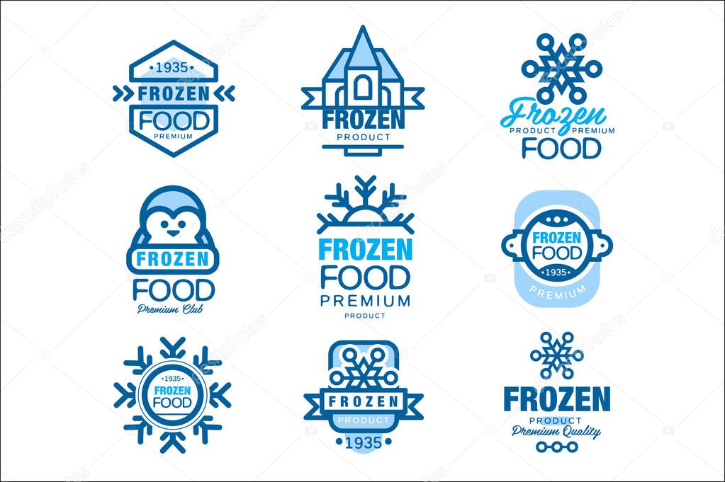 Frozen food premium product set of logo templates hand drawn vector Illustrations in blue colors isolated on a white background