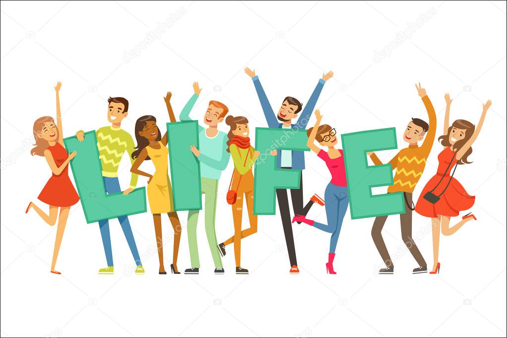 Group of smiling people holding the word Life cartoon colorful vector Illustration