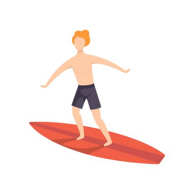 Genç adam bir sörf tahtası, dalgalar binmek sörfçü adam karakteri üzerinde beyaz bir arka plan üzerinde illüstrasyon vektör