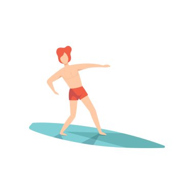 Genç adam beyaz bir adam üzerinde deniz illüstrasyon vektör yaz tatili zevk Binicilik dalgalar, sörfçü adam kırmızı şort