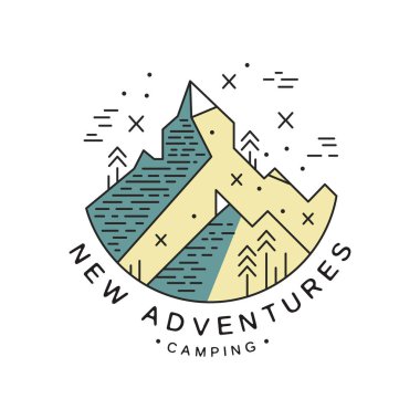 Yeni maceralar kamp logo tasarımı, macera, kamp, tırmanışla, dağcılık ve açık aktivite amblemi vektör çizim