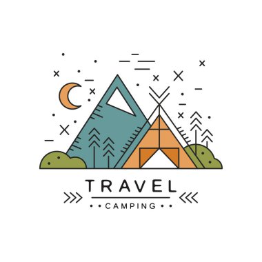 Seyahat kamp logo tasarımı, macera, tırmanışla, dağcılık ve açık aktivite vektör çizim