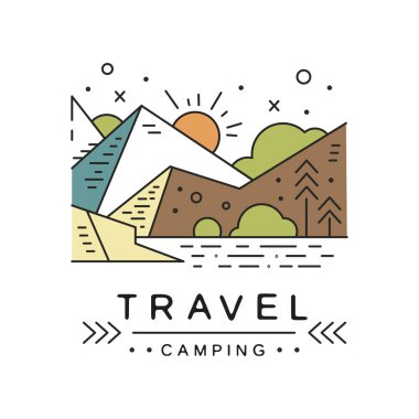 Kamp logo tasarımı, macera, seyahat, turizm, seyahat dağcılık ve açık aktivite etiket vektör çizim