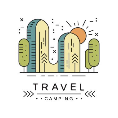 Kamp seyahat logo tasarım, macera, kamp, tırmanışla, dağcılık ve açık hava etkinliği amblemi vektör Illustratio