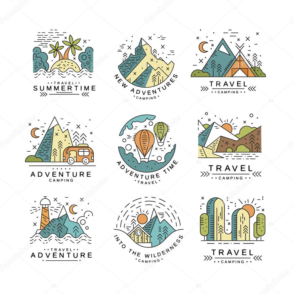 Travel summertime logo design, summer vacation emblem, adventure, travel, tourism, mountaineering and outdoor activity label, design element for travel agency vector Illustrations