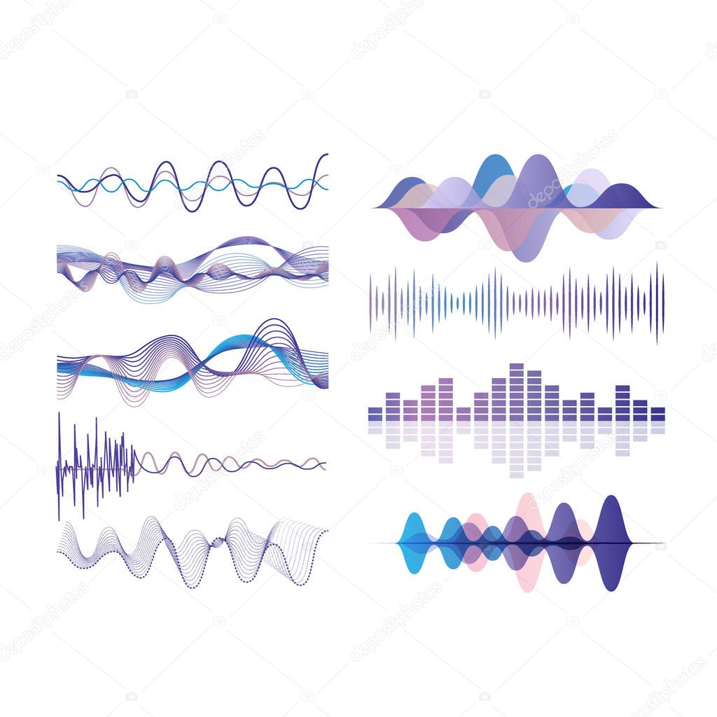 Sound waves set, audio digital equalizer technology, musical pulse vector Illustrations on a white background