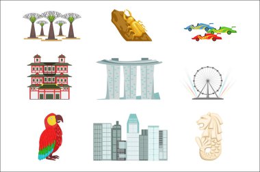 Singapur turistik simgeler kümesi. Singapur kültür beyaz arka plan üzerinde temsil eden izole nesneleri