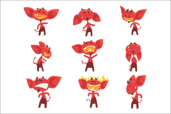 Drôle de diable rouge personnages de bande dessinée avec différentes émotions ensemble de vecteurs Illustrations — Image vectorielle