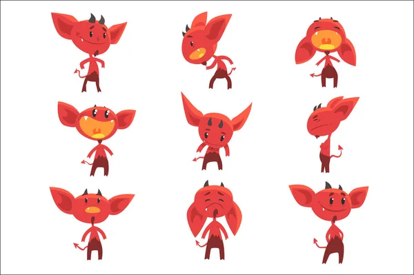 Grappige rode duivel stripfiguren met verschillende emoties set van vector illustraties — Stockvector