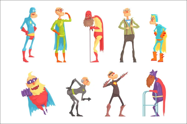Vicces idős superman rajzfilmfigurák cselekvési sor vektor illusztrációk — Stock Vector
