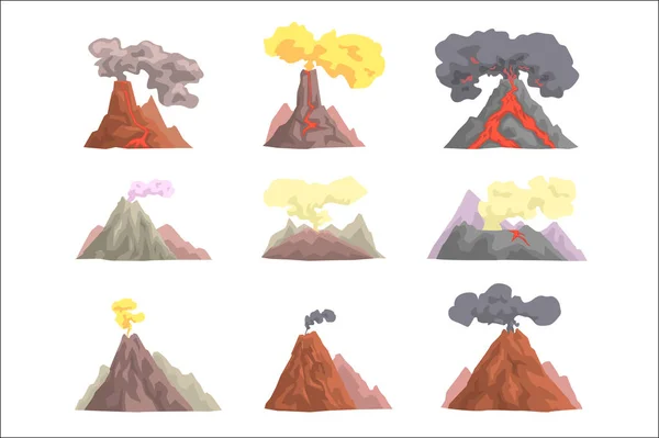 Erupce sopky sada, sopečné magma vyhodit, láva stékající kreslené vektorové ilustrace — Stockový vektor