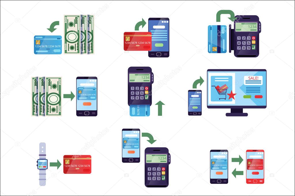 Payment methods in retail and online purchases, online payment concept vector Illustrations