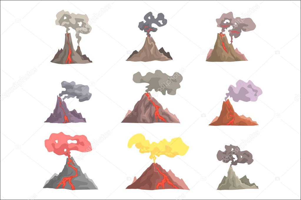 Volcano eruption set, volcanic magma blowing up, lava flowing down cartoon vector Illustrations