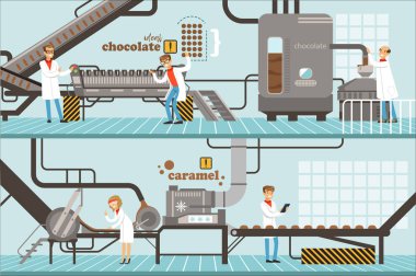 Yatay renkli afiş kümesi karamel ve çikolata üretim sürecinin