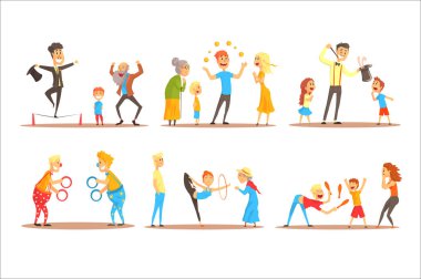 Mutlu insanlar önce turuncu topları ile karakter dönüşümü genç adam. Sirk veya sokak aktör renkli karikatür detaylı vektör çizim