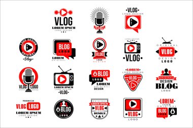 Vlog ve blog özgün logo tasarım kümesi, video blogging veya video kanalı rozetleri çizimler vektör