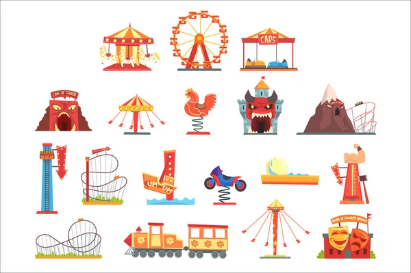 Set di elementi del parco divertimenti, attrazione divertimenti colorato vettore dei cartoni animati Illustrazioni — Vettoriale Stock