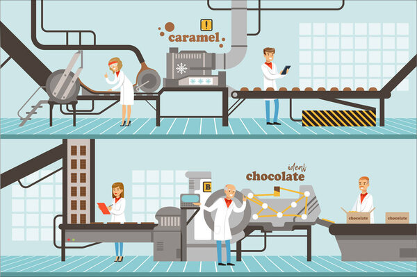 Process of caramel and chocolate production set of horizontal colorful banners