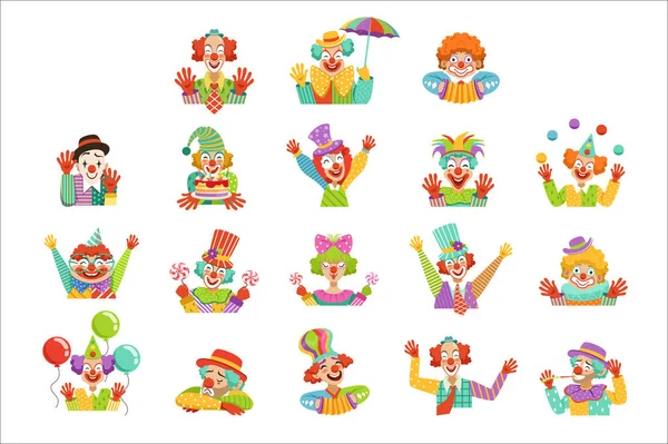 Felice cartone animato clown amichevoli personaggio colorato vettoriale Illustrazioni — Vettoriale Stock