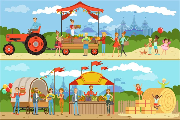 Landbouw en landbouw horizontale banners set, natuurvoeding boer producten, tuinieren, landelijke landschap — Stockvector