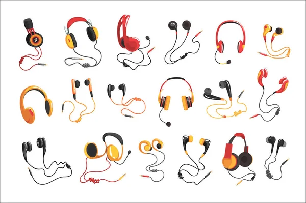 Headphone dan earphone diatur, teknologi musik vektor aksesori Illustrations - Stok Vektor