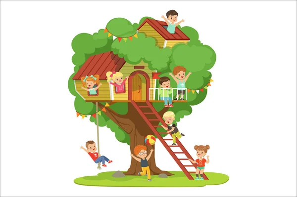 Kids having fun in the treehouse, childrens playground with swing and ladder colorful detailed vector Illustration — Stock Vector