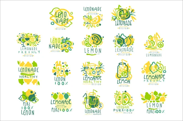 Limonata, set al 100% di limone puro per il design dell'etichetta, illustrazioni vettoriali colorate disegnate a mano — Vettoriale Stock