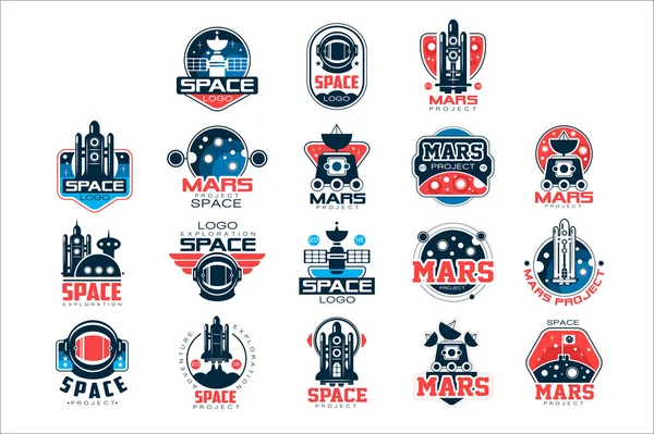 Mars project etiketten set, Mars kolonisatie programma vector illustraties — Stockvector