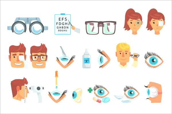 Conjunto diagnóstico oftalmologista, tratamento e correção de visão cartoon vector Ilustrações —  Vetores de Stock