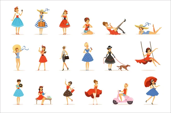 Hermoso conjunto de personajes de chicas retro, mujeres jóvenes que usan vestidos en estilo retro vector colorido ilustraciones — Archivo Imágenes Vectoriales