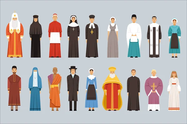 Religie mensen stellen, mannen en vrouwen van verschillende religieuze bekentenissen in traditionele kleding — Stockvector