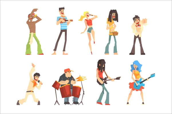 Musicians And Singers Of Different Music Styles Performing On Stage In Concert Series Of Cartoon Characters — Stock Vector