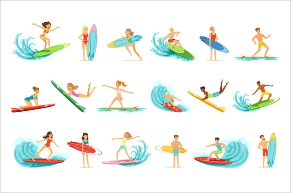 Surfboarders cabalgando sobre olas set, surfistas hombres con tablas de surf en diferentes poses vector ilustraciones — Vector de stock