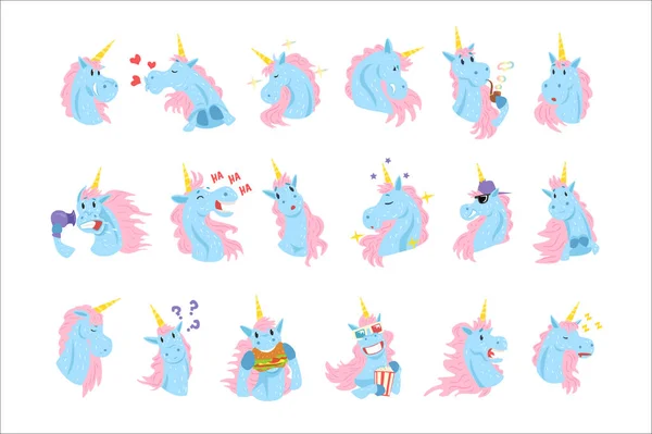 Personnages de licorne drôles avec différentes émotions ensemble vectoriel coloré Illustrations — Image vectorielle