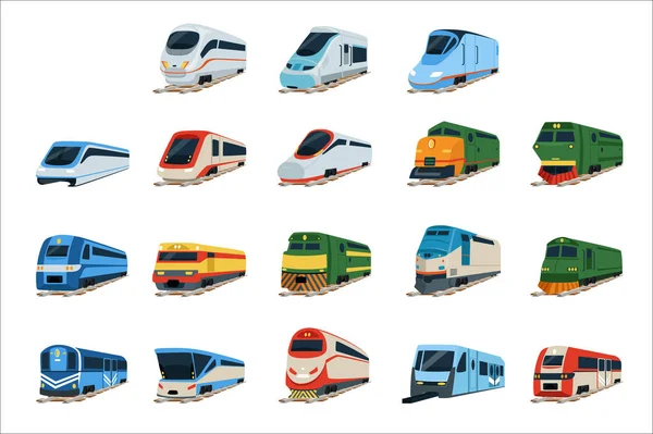 复古与现代火车机车设置，铁路运输矢量插图 — 图库矢量图片