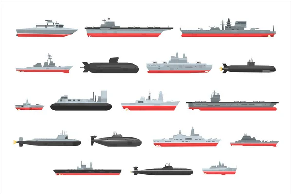 Different types of naval combat ships set, military boats, ships, frigates, submarine vector Illustrations — Stock Vector