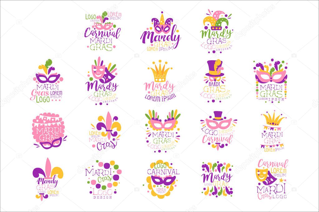 Mardi Gras logo set original design, hand drawn colorful vector Illustrations for greeting cards, banners, flyers, posters, gift packaging