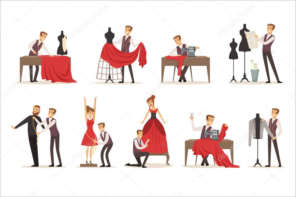 Dressmaker set, male designer tailoring measuring and sewing for his customers vector Illustrations