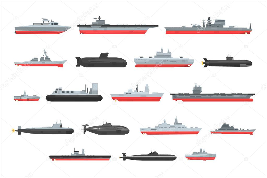 Different types of naval combat ships set, military boats, ships, frigates, submarine vector Illustrations