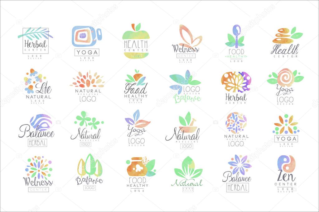 Welness, zen, yoga, herbal center, healthy food logo templates set of hand drawn watercolor vector Illustrations