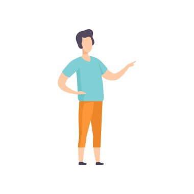 Ayakta işaret parmağı, meçhul kişi karakter el vektör çizim beyaz bir arka plan üzerinde genç adam