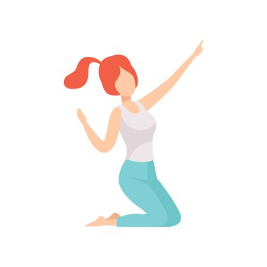 Diz çökmüş ve yukarı, yüzü olmayan kız karakter el vektör çizim beyaz bir arka plan üzerinde parmağıyla işaret eden genç kadın