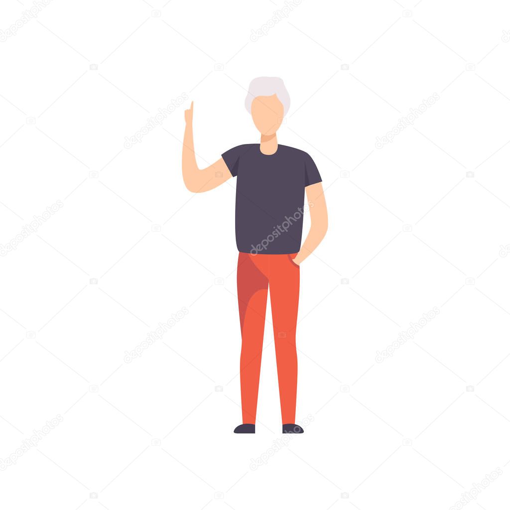 Young man pointing with his forefinger up, faceless guy character gesturing vector Illustration on a white background