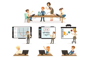 Okul çocukları Bilişim ve programlama dersi ayarla, bilgisayarlarda çalışma, robotik öğrenme ve vektör çizimler programlama çocuklar