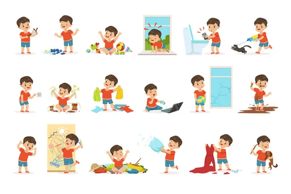 Funny little boy playing games and making mess — Stock Vector