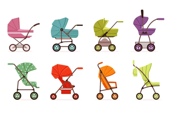 Set passeggino per bambini, diversi tipi di trasporto per bambini, illustrazioni vettoriali colorate — Vettoriale Stock