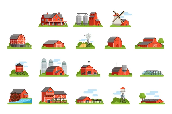 Farm House Constructions Set Agriculture Industry Rural Buildings Vector Ilustrações — Vetor de Stock