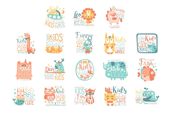 Diseño de logotipo moderno para niños con animales y personajes de fantasía — Vector de stock