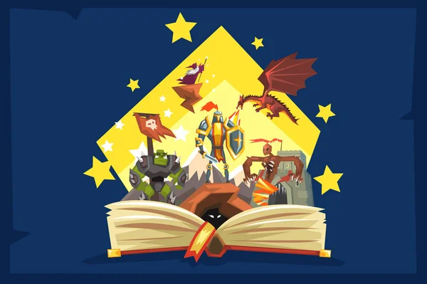 Livro aberto com lenda, livro de fantasia cauda de fada com cavaleiros, dragão, mago, conceito de imaginação — Vetor de Stock